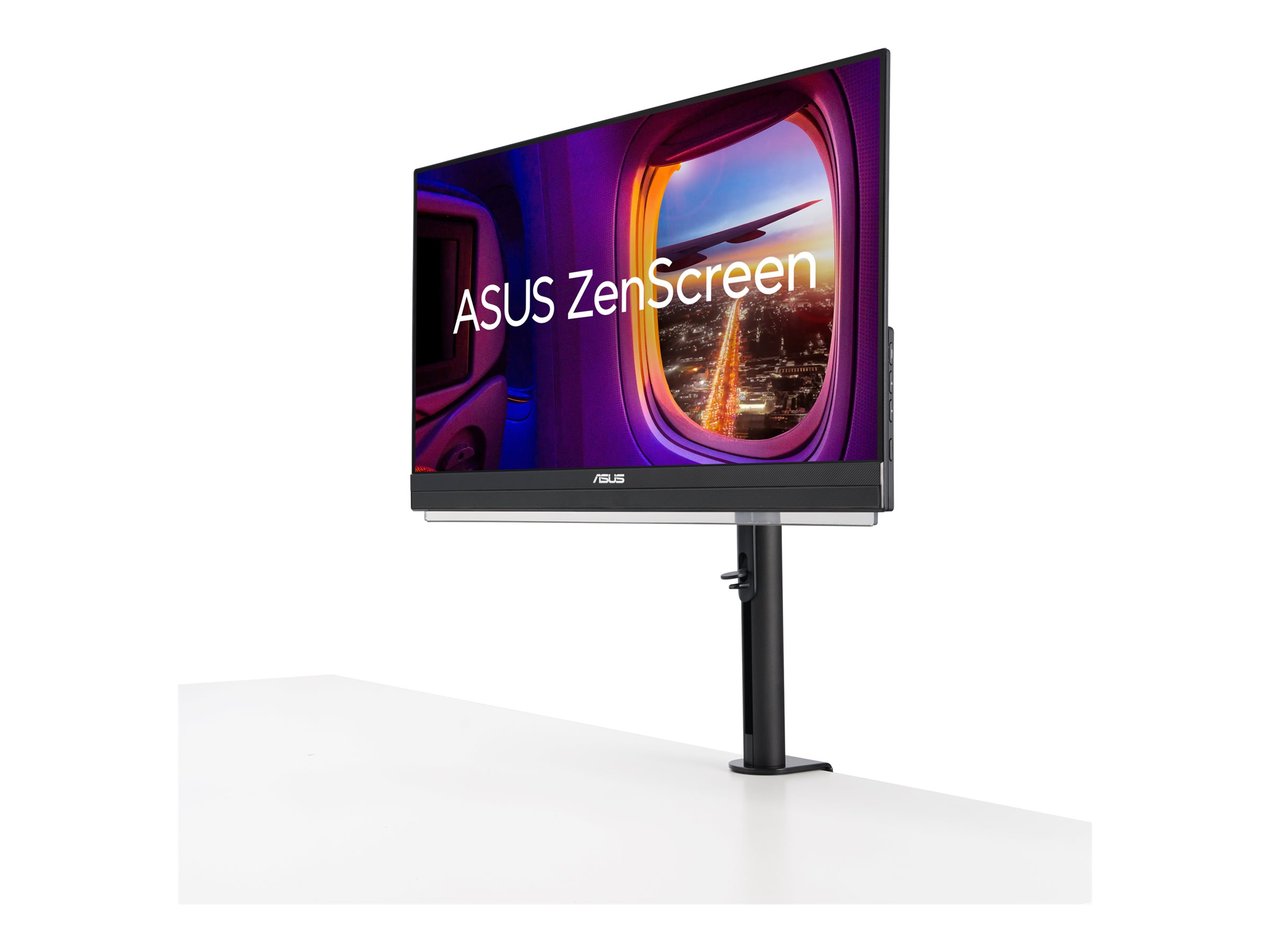 ASUS ZenScreen MB229CF monterad på en C-clamp skrivbordsarm