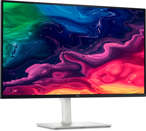 DELL S2725QC sedd snett framifrån med färgstarkt bildinnehåll på skärmen