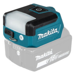 Makita DML817 LED-arbetslampa monterad på 18V LXT-batteri, vinklad vy