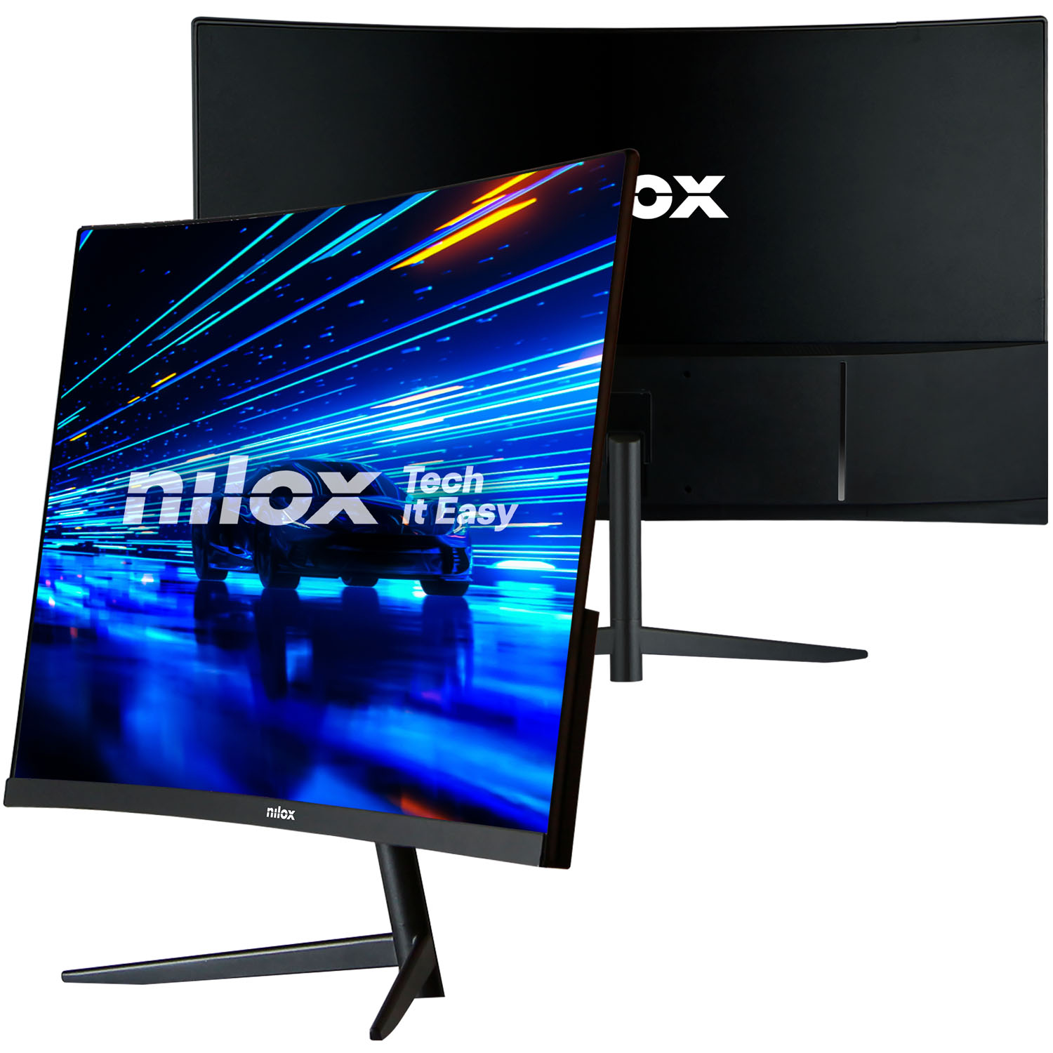 Nilox NXM24CRV2001 curved gamingskärm sedd både framifrån och bakifrån