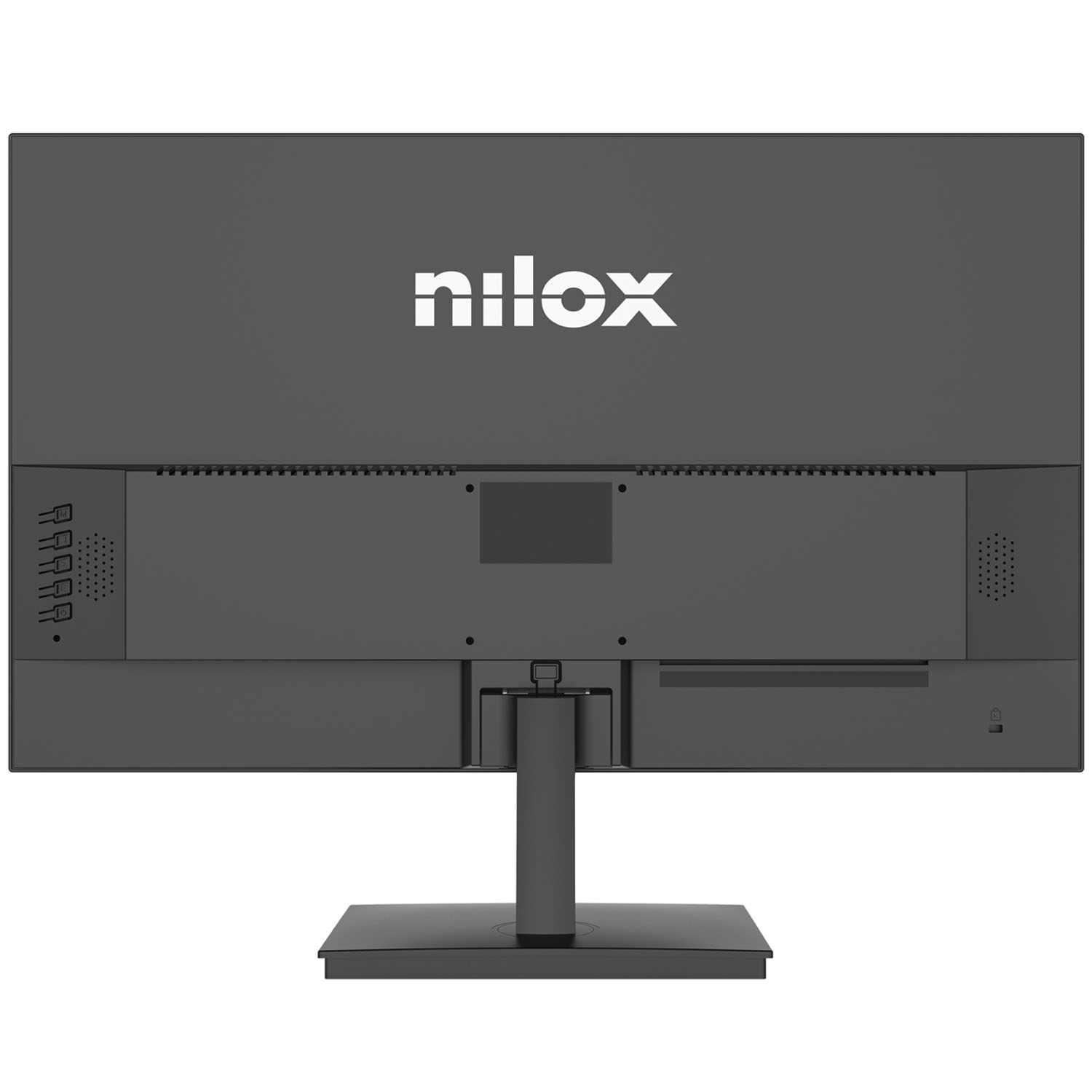 Nilox NXM24FHD1202 bildskärm sedd rakt bakifrån med VESA-fäste och kontrollknappar
