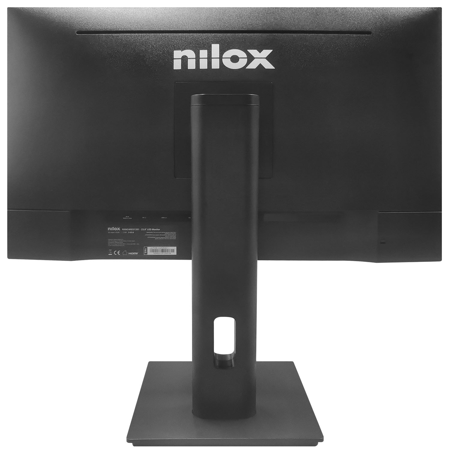 Nilox NXM24REG1201 bildskärm sedd rakt bakifrån med modellinformation