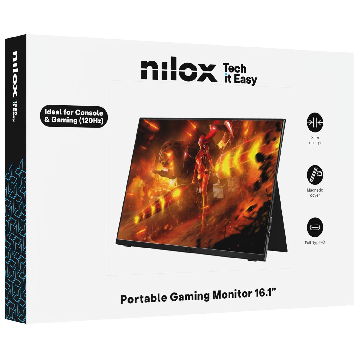 Nilox NXMP16FHD1201 förpackning med text om 120Hz, smal design, magnetiskt fodral och USB-C