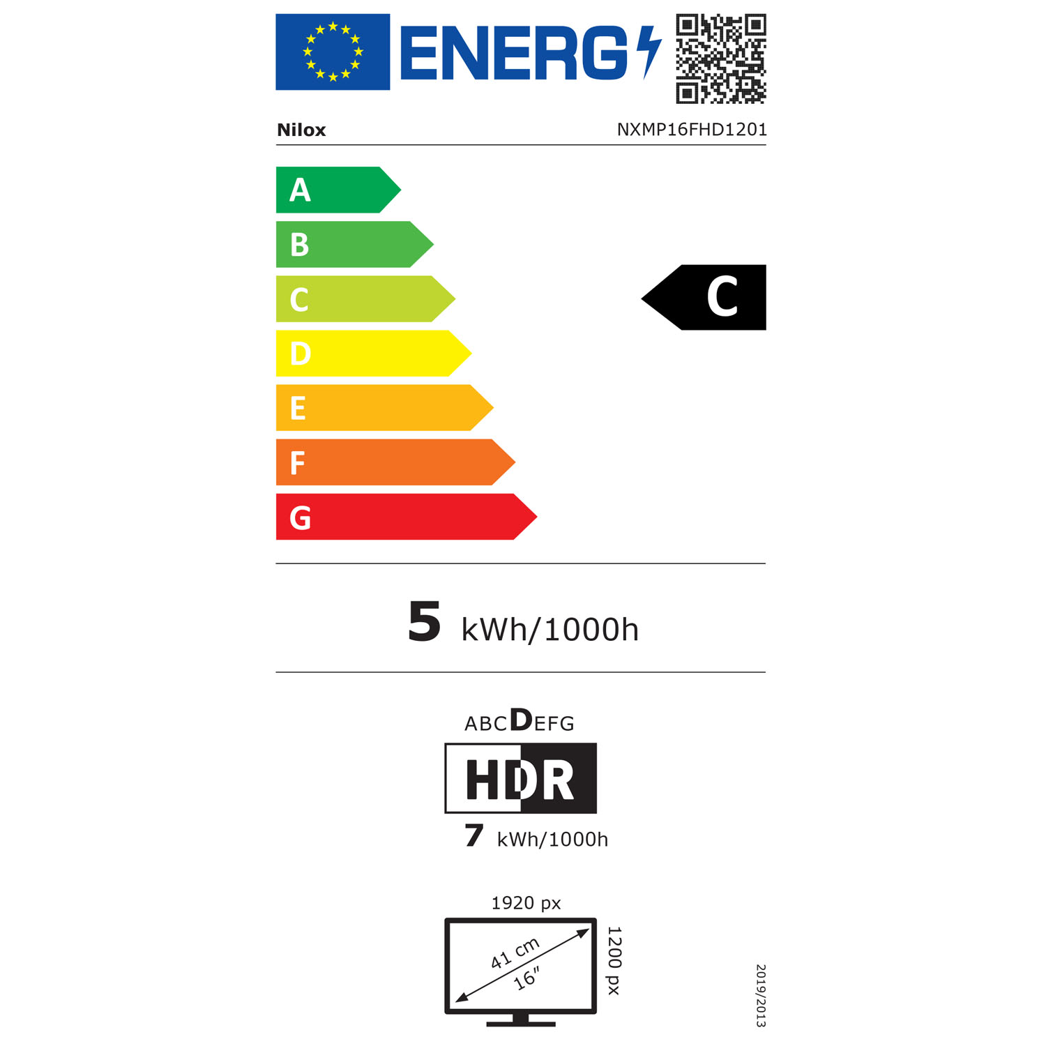 EU-energimärkning för Nilox NXMP16FHD1201, energiklass C, 5 kWh per 1000 timmar