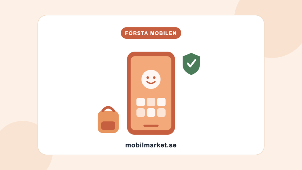 Illustration av barnets första mobil med föräldrakontroll och skolväska – köpguide första mobilen till barnet 2026