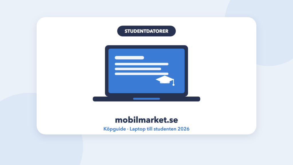 Laptop till studenten 2026 – illustrerad bärbar dator med studentmössa, mobilmarket.se köpguide
