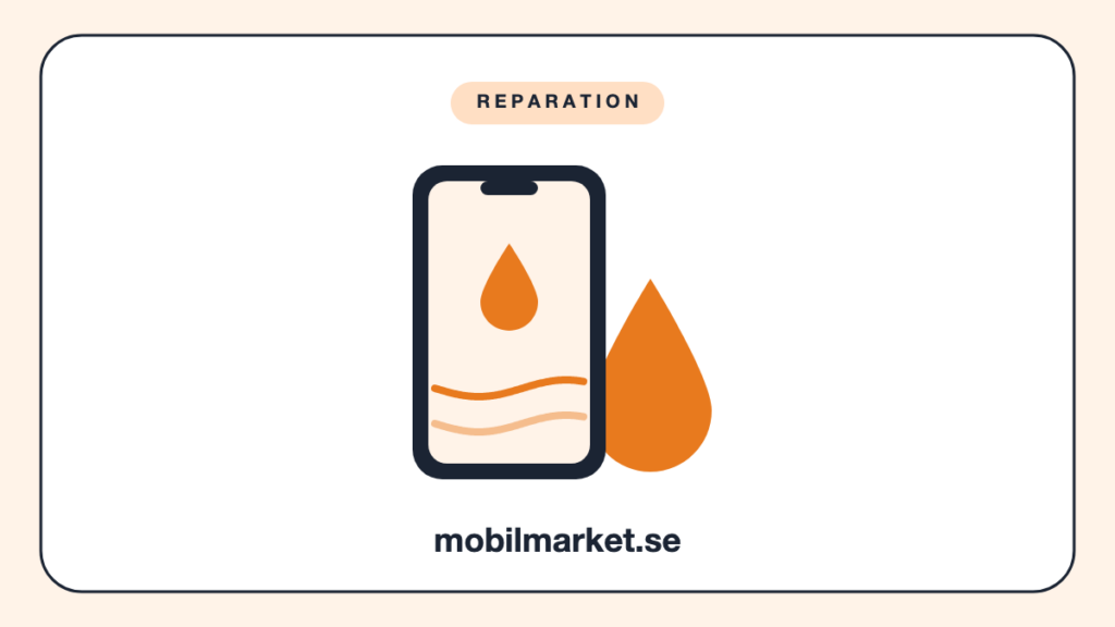 Illustration av vattenskadad mobil – smartphone med vattendroppe, guide till vad det kostar att laga en vattenskadad mobil