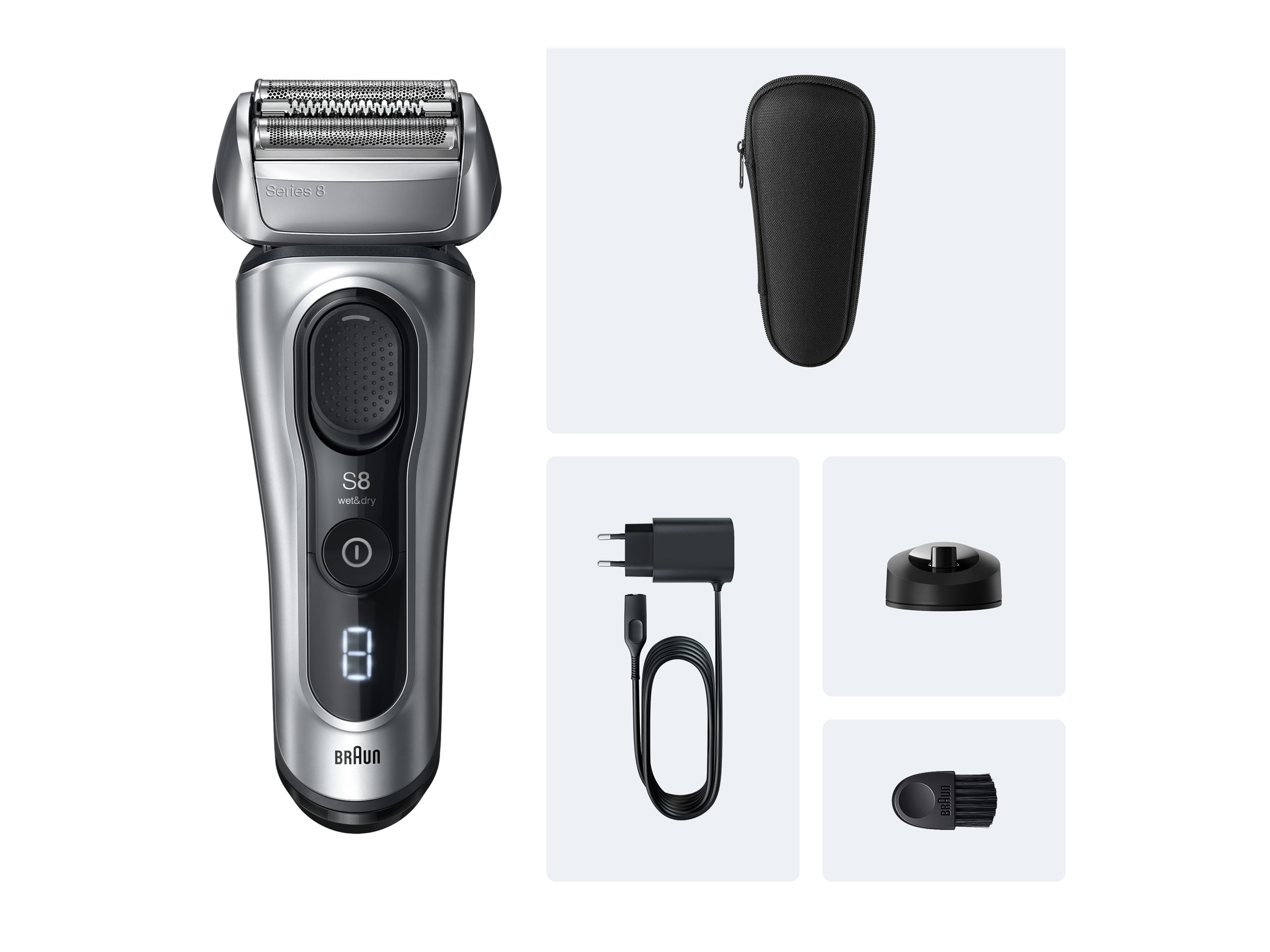 Braun Series 8 8617s trådlös rakapparat i silver med laddstation och tillbehör
