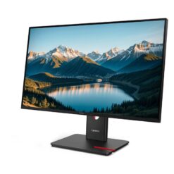 Lenovo ThinkVision T27Q-40 sedd i vinkel med Lenovo-logotyp på foten