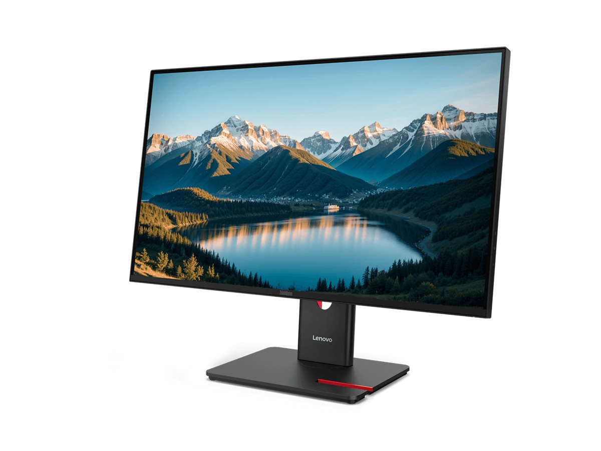 Lenovo ThinkVision T27Q-40 sedd i vinkel med Lenovo-logotyp på foten