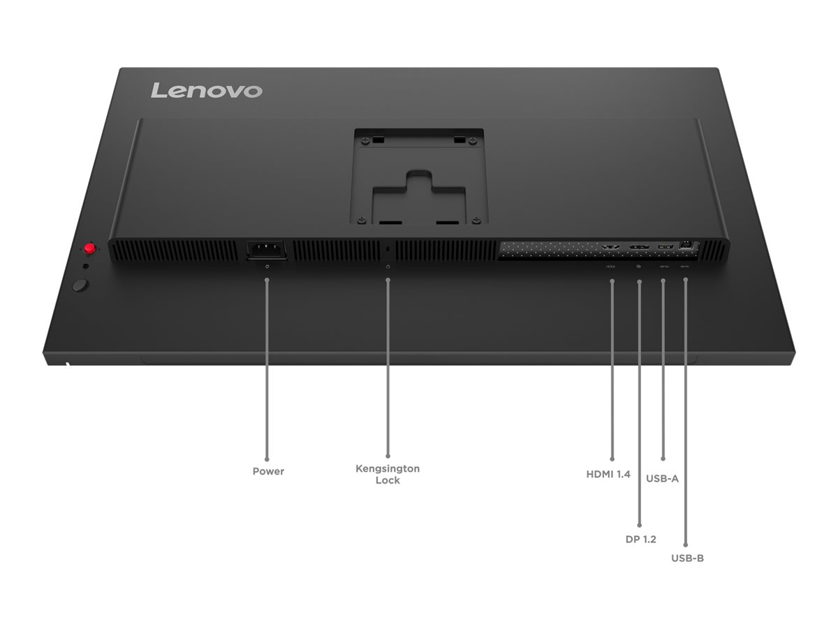 Lenovo ThinkVision T27Q-40 baksida med markerade anslutningar: ström, HDMI, DisplayPort, USB-A och USB-B