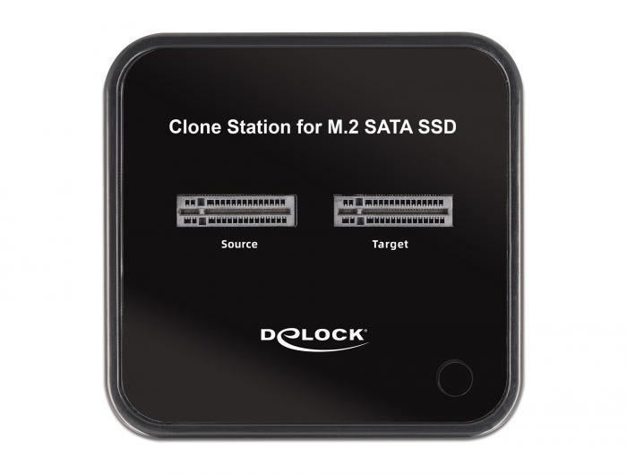 Delock M.2 dockningsstation sedd ovanifrån med Source och Target M.2-platser