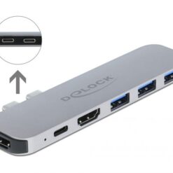 Delock dockningsstation för MacBook, närbild på de två Thunderbolt 3-kontakterna som ansluts till datorn