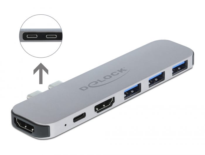 Delock dockningsstation för MacBook, närbild på de två Thunderbolt 3-kontakterna som ansluts till datorn