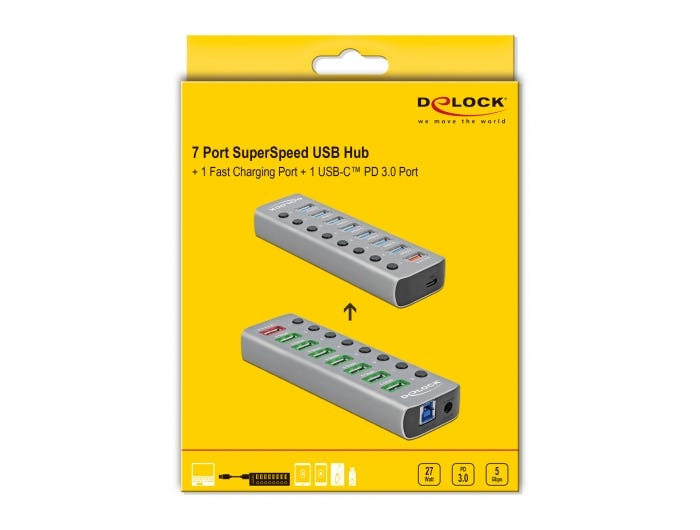 Förpackning för Delock USB 3.2 Gen 1-hubb med 7 portar, snabbladdning och USB-C PD