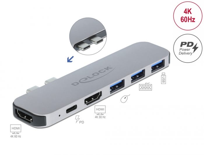 Delock dockningsstation för MacBook med två HDMI-portar, USB-C PD och tre USB-A-portar, rymdgrå