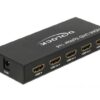 Delock HDMI UHD Splitter sedd bakifrån med HDMI in och fyra HDMI-ut-portar märkta