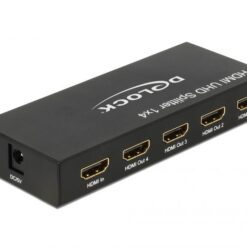 Delock HDMI UHD Splitter sedd bakifrån med HDMI in och fyra HDMI-ut-portar märkta