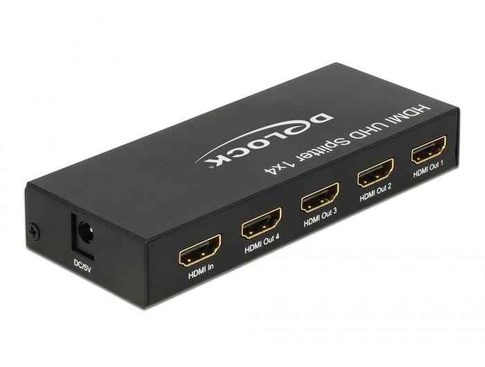 Delock HDMI UHD Splitter sedd bakifrån med HDMI in och fyra HDMI-ut-portar märkta