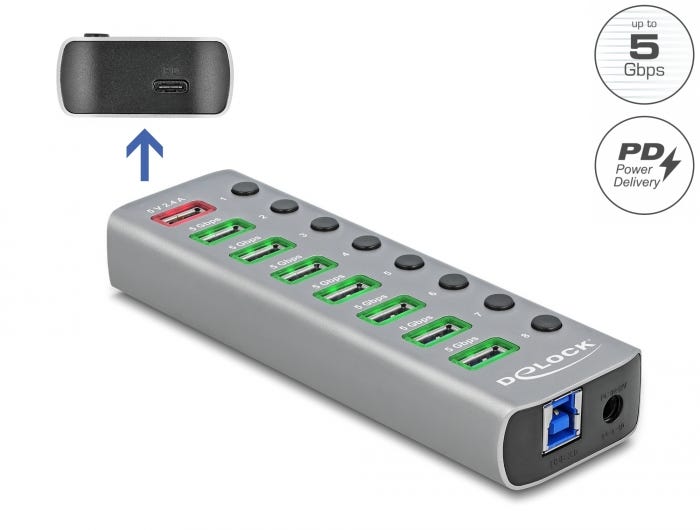 Delock USB 3.2 Gen 1-hubb 7 portar med snabbladdning och USB-C PD, grå