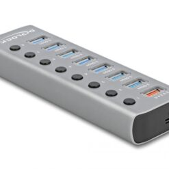 Delock USB-hubb med alla 7 portar, snabbladdningsport och USB-C PD-port markerade