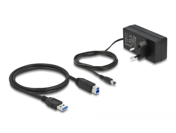 Extern strömadapter och USB-kabel som medföljer Delock USB-hubben