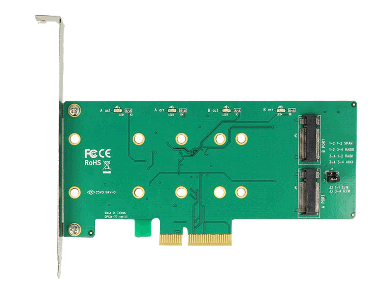 Delock PCI Express-kort uppifrån som visar M.2-portar och RAID-inställningar