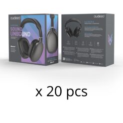 Förpackning för Audeeo Aurora trådlösa over-ear-hörlurar i svart metallic-design