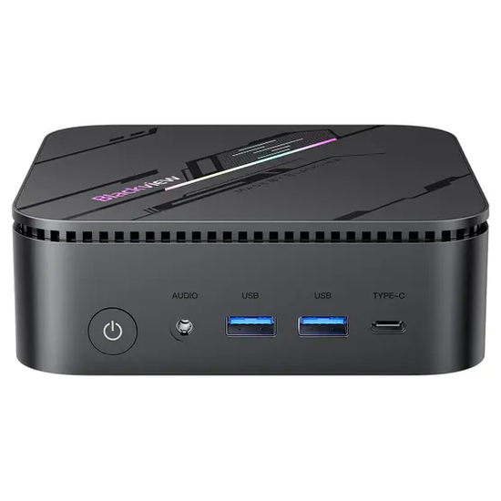Sidan på Blackview MP100 Pro Mini PC med USB-, HDMI- och DisplayPort-anslutningar