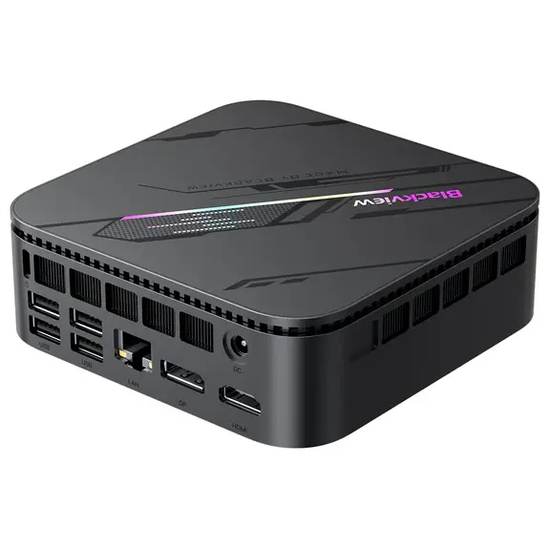 Baksidan av Blackview MP100 Pro Mini PC med ytterligare portar och ventilation