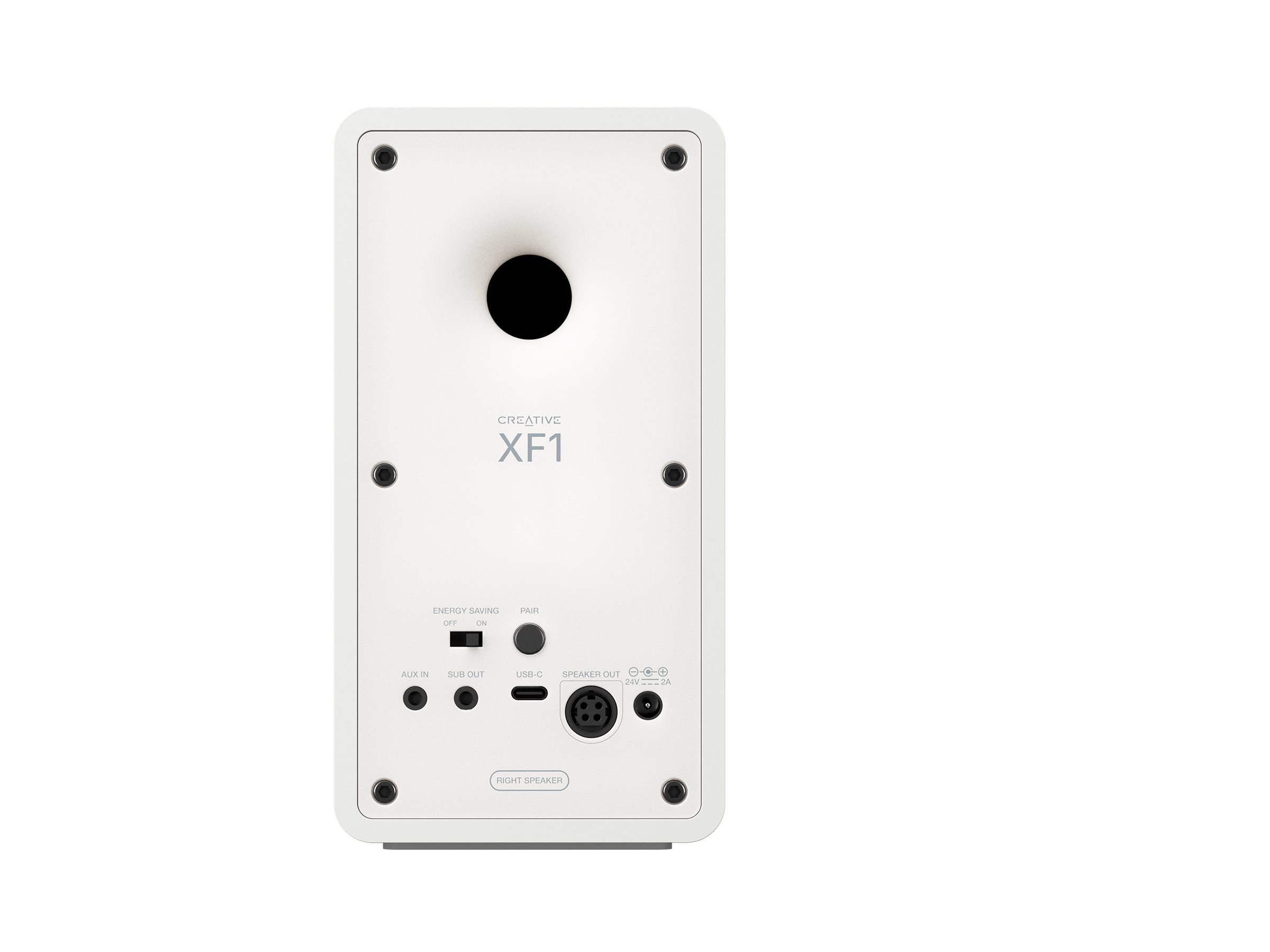 Creative XF1 högtalare i vit, baksida med anslutningar