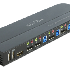 Anslutningspanel på Delock DisplayPort KVM Switch med HDMI, USB och ljudanslutningar
