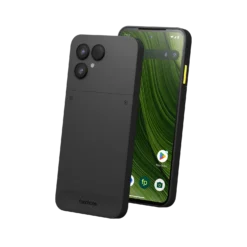 Fairphone 6+ i färgen Horizon Black, fram- och baksida