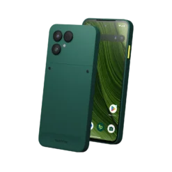 Fairphone 6+ i färgen Forest Green, fram- och baksida
