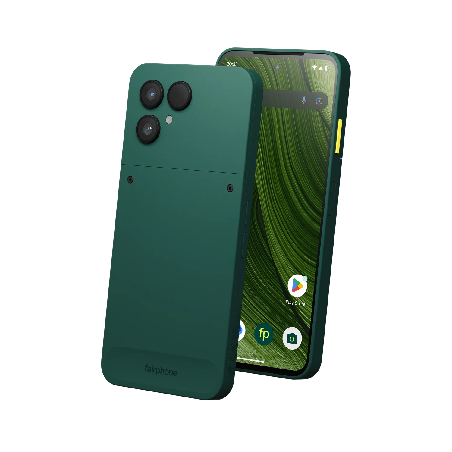 Fairphone 6+ i färgen Forest Green, fram- och baksida