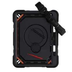Baksida av stöttåligt iPad-fodral i svart med handrem och orange kantskydd