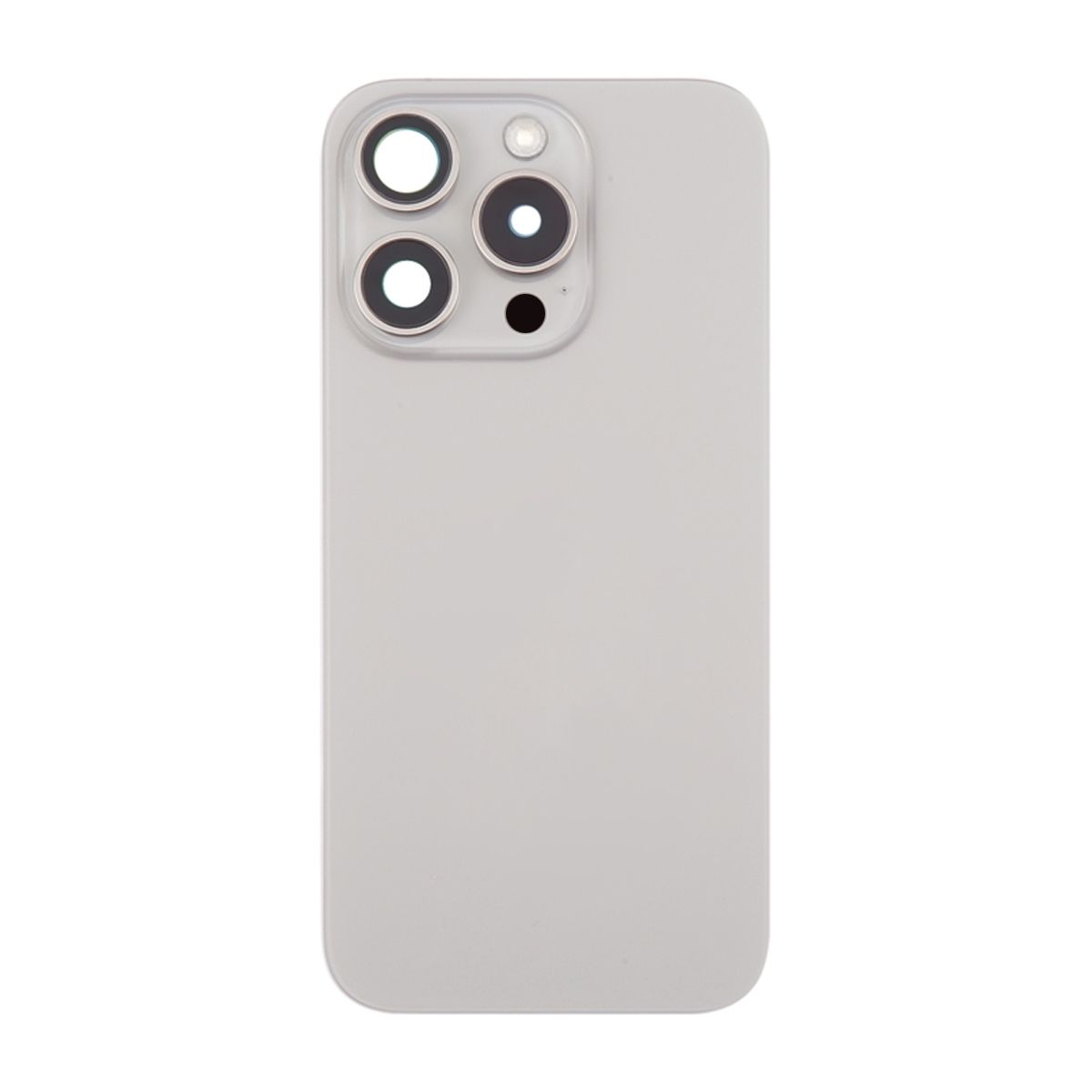Närbild på kameraparti och blixt på baksideglas till iPhone 16 Pro Max i Naturlig Titan