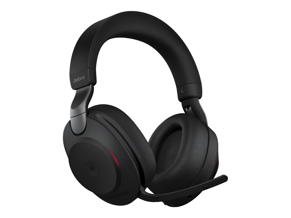 Jabra Evolve2 85 MS Stereo – tre kvarts vy med mikrofonarm och busylight