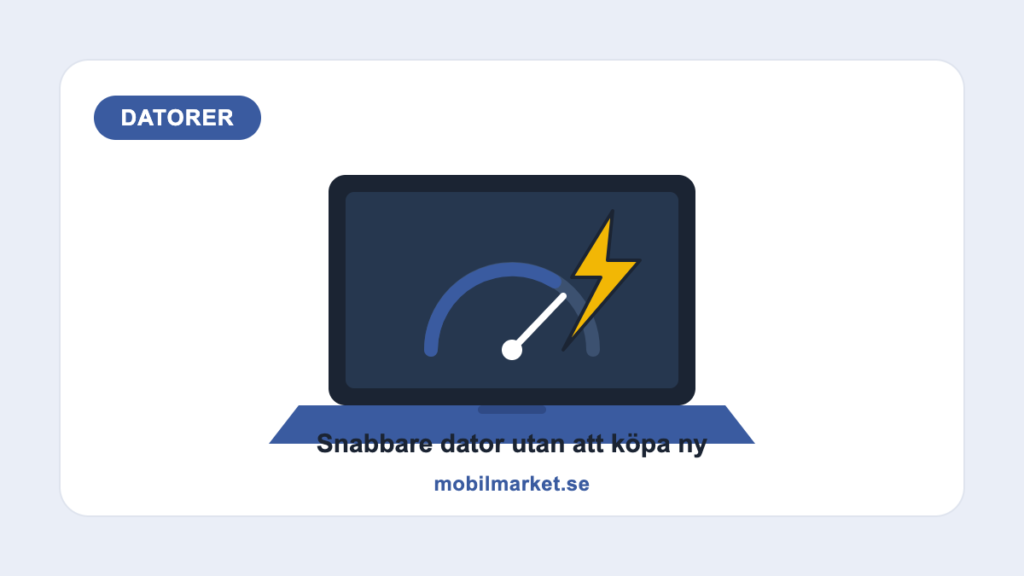 Illustration av en långsam dator som snabbas upp med SSD och RAM – mobilmarket.se