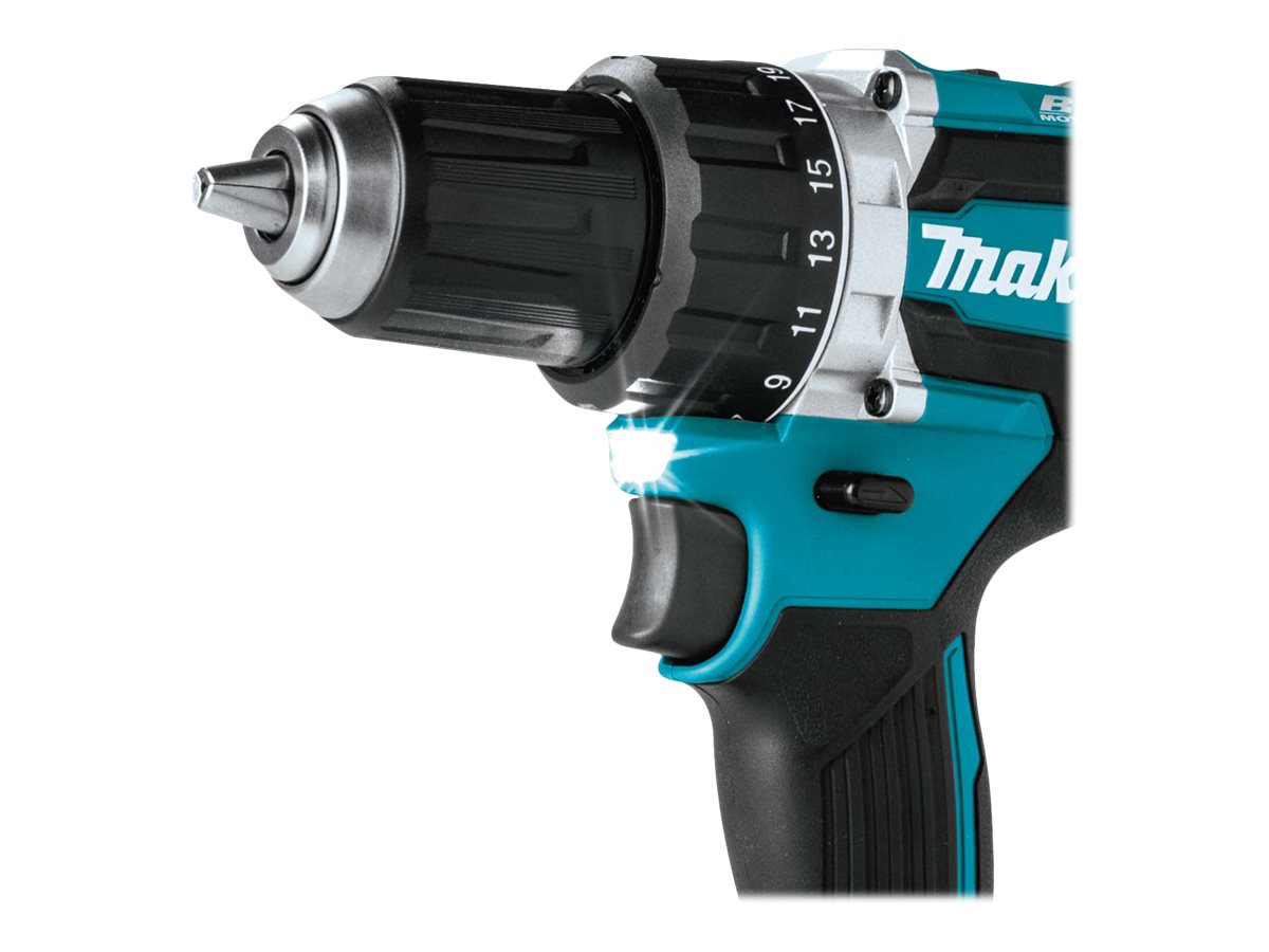 Makita DDF484Z detaljbild av nyckellös chuck och LED-arbetsbelysning