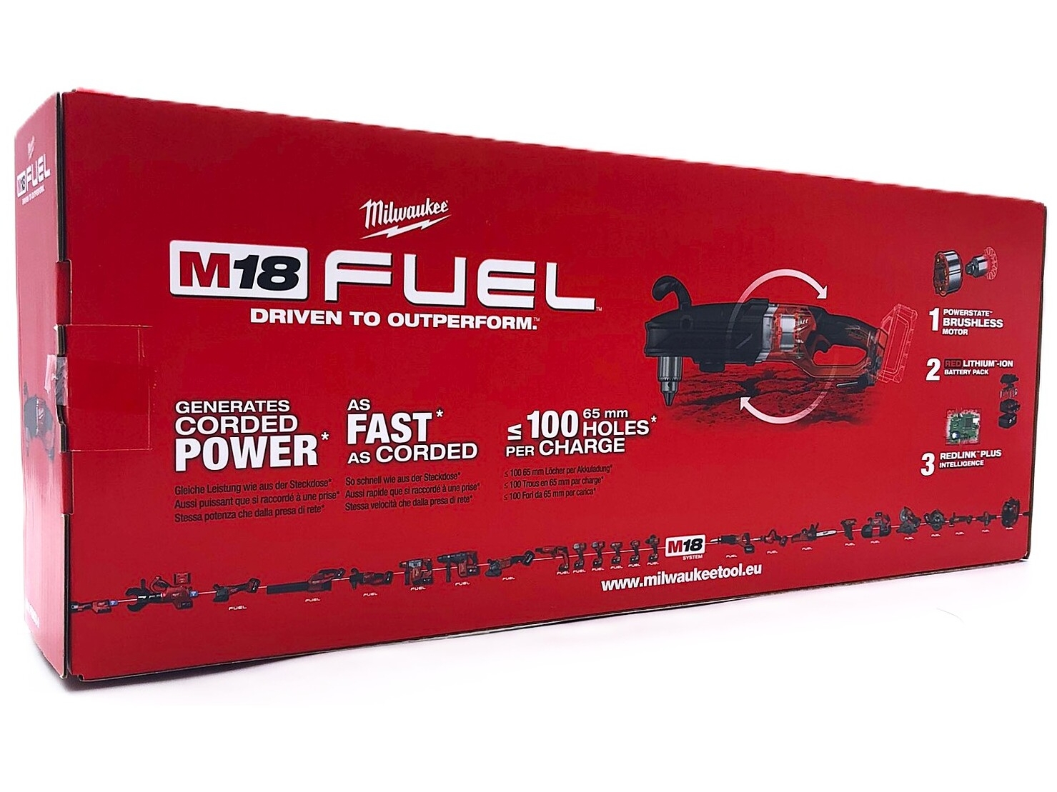 Milwaukee M18 FRAD2-0 Fuel Super Hawg vinkelborrmaskin, förpackningens baksida med funktioner