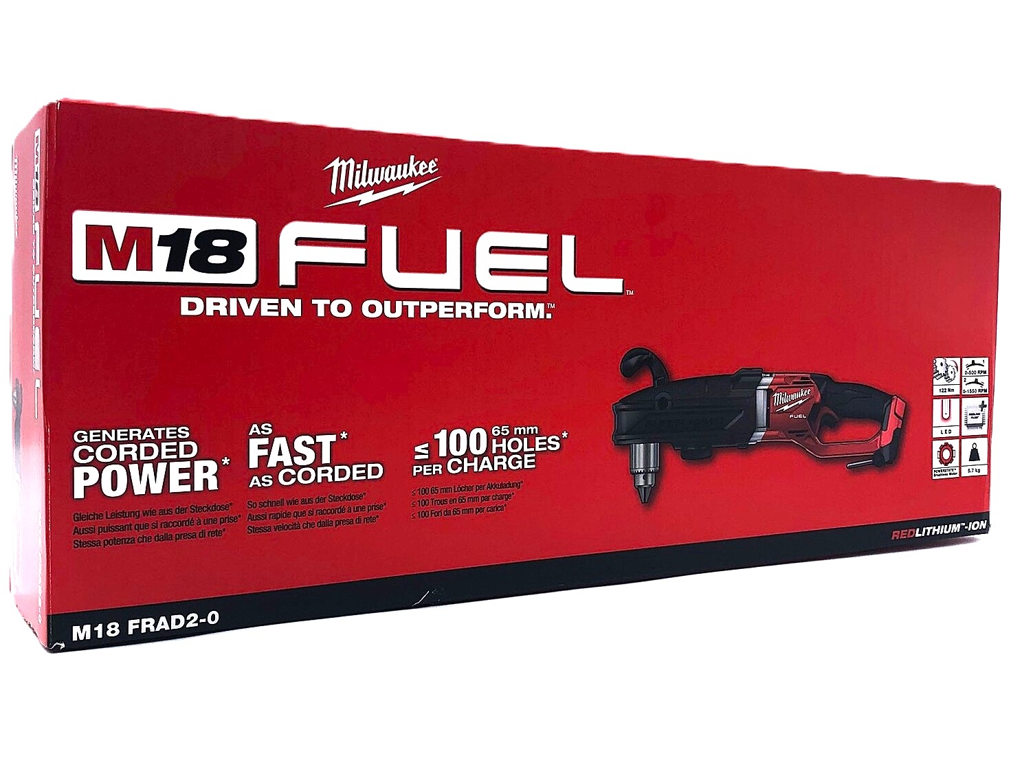 Milwaukee M18 FRAD2-0 Fuel Super Hawg vinkelborrmaskin, förpackning sedd framifrån i vinkel