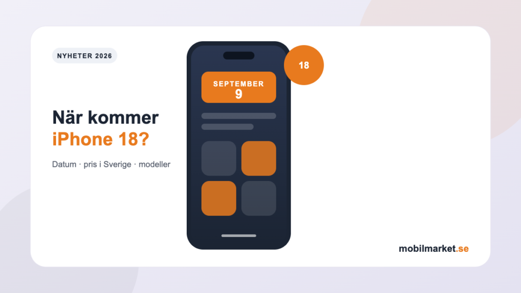 När kommer iPhone 18 – illustration med kalender 9 september 2026 och iPhone-skiss, mobilmarket.se