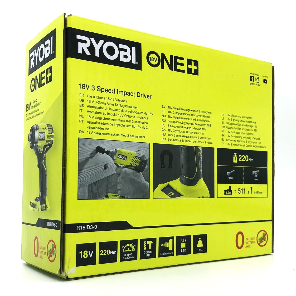 Ryobi R18ID3-0 18V ONE+ slagskruvdragare, specifikationer 220 N·m och 3 hastigheter