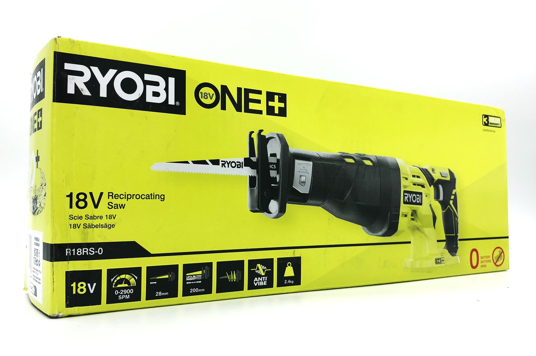 Förpackning till Ryobi R18RS-0 tigersåg 18V ONE+ utan batteri