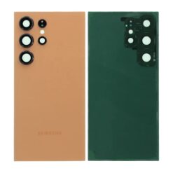 Samsung Galaxy S24 Ultra baksida i Orange med kameralinsglas och tejp, fram- och baksida