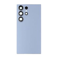 Samsung Galaxy S24 Ultra baksida i blått med förmonterat kameralinsglas