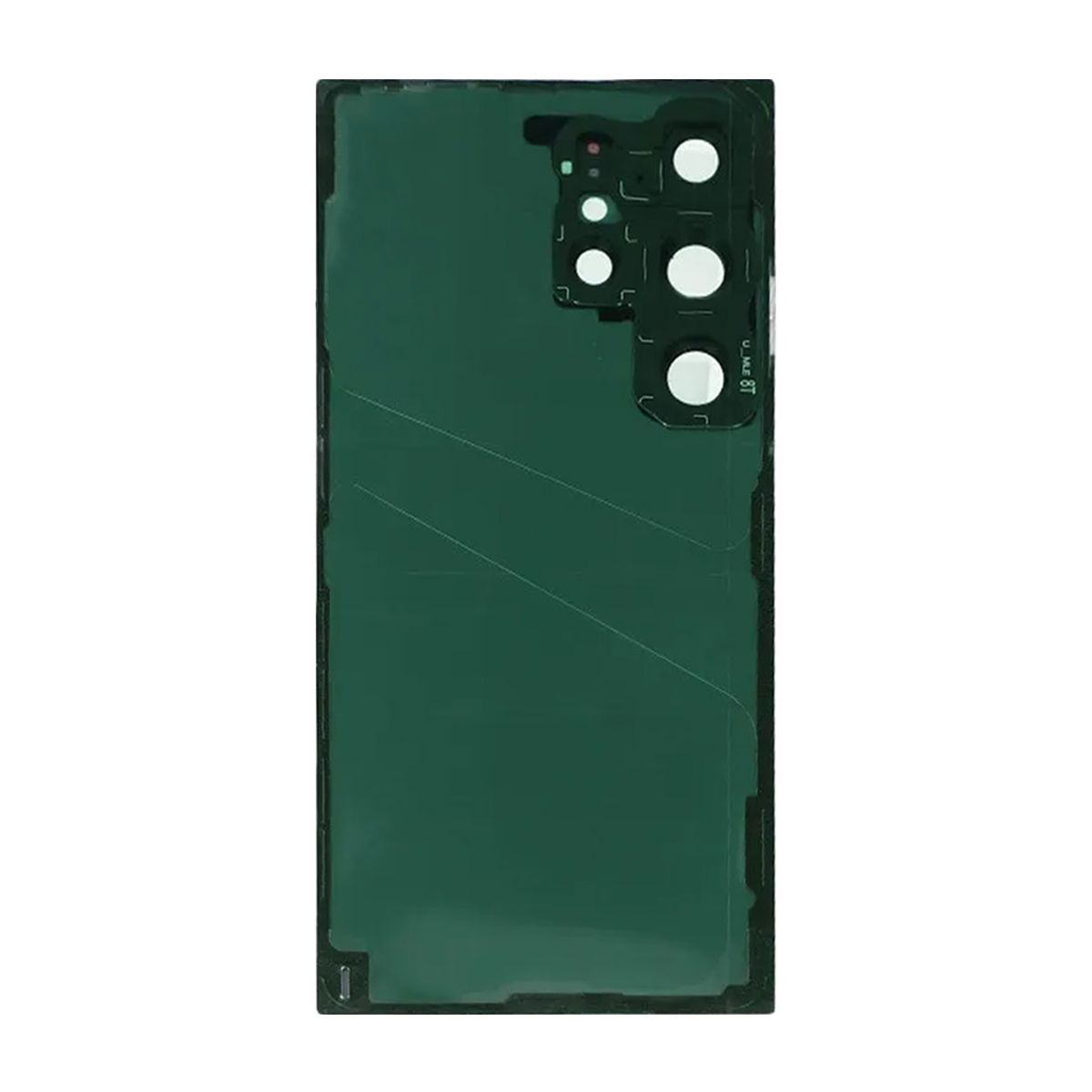 Insidan av Samsung Galaxy S24 Ultra baksida blå med självhäftande tejp och kameralinsfäste