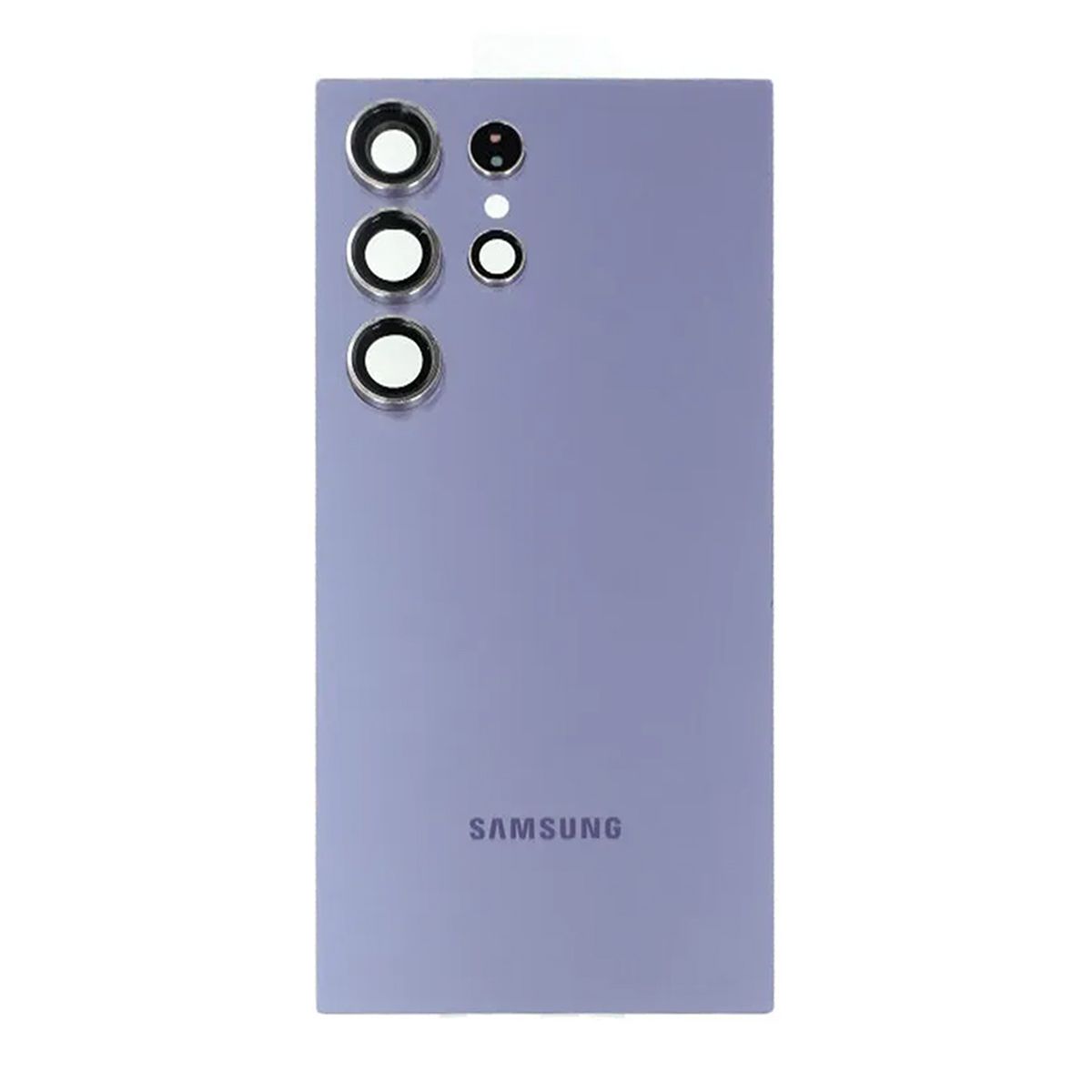 Samsung Galaxy S24 Ultra baksida i lila, sedd utifrån med kameralinsram