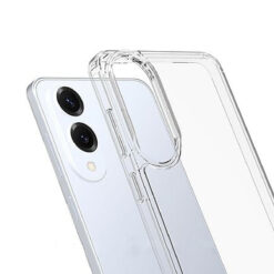Närbild på kameraskyddet i det transparenta mobilskalet till Samsung Galaxy S25 Edge